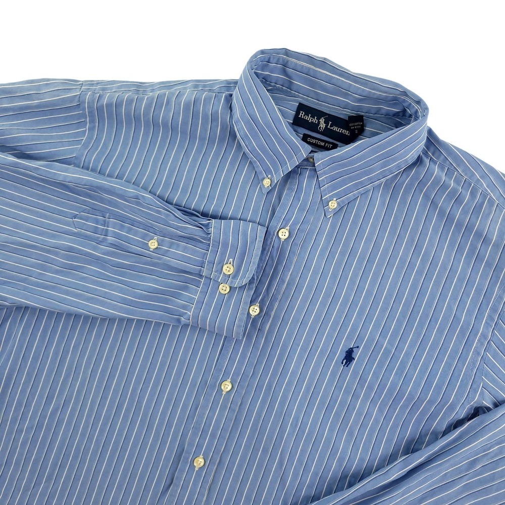 Ralph Lauren Shirt Mens 2XL Blue Stripe Long Sleeve Button Down Custom Fit